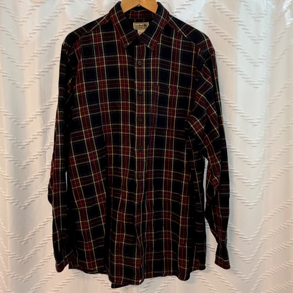 LL Bean Mens Flannel Shirt L Tall Plaid Button Down Cotton Navy Red 228066